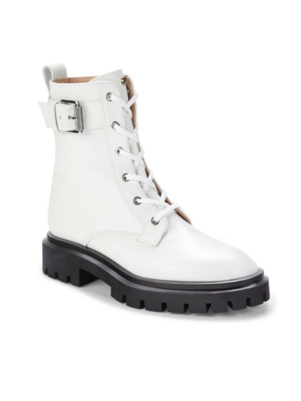 Stuart Weitzman Ultra Lug White Lace-Up Combat Boot With Buckle Detail New